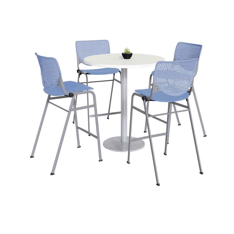 KFI STUDIOS Pedestal Bistro Table with Four Periwinkle Kool Series Barstools, Round, 36" Dia x 41h, Designer White (KFI811774037136)