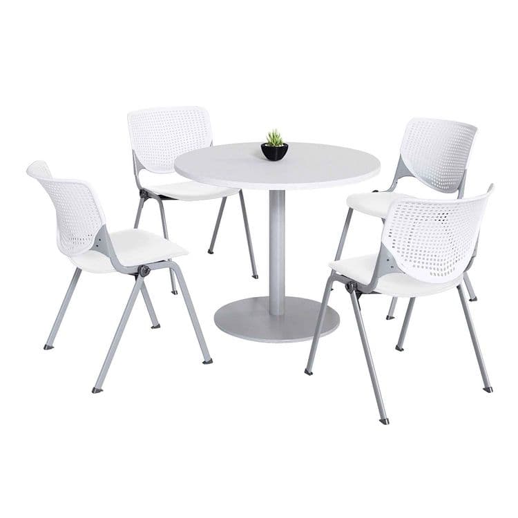 KFI STUDIOS Pedestal Table with Four White Kool Series Chairs, Round, 36" Dia x 29h, Designer White (KFI811774036689)