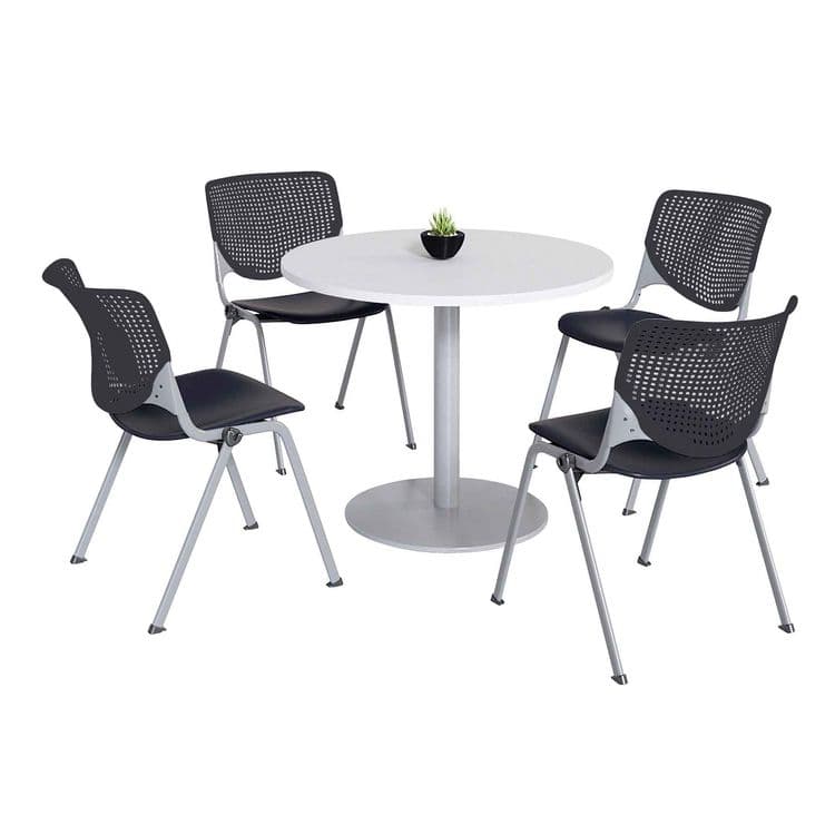KFI STUDIOS Pedestal Table with Four Black Kool Series Chairs, Round, 36" Dia x 29h, Designer White (KFI811774036696)
