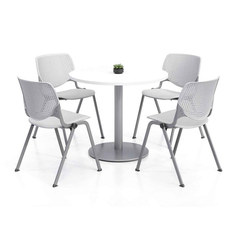 KFI STUDIOS Pedestal Table with Four Light Gray Kool Series Chairs, Round, 36" Dia x 29h, Designer White (KFI811774036719)