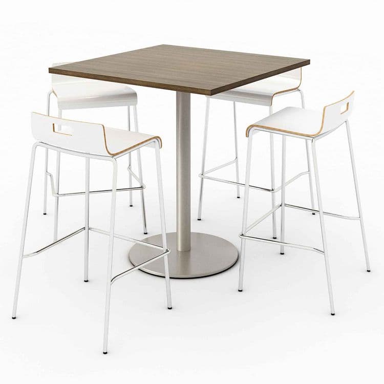 KFI STUDIOS Pedestal Bistro Table with Four White Jive Series Barstools, Square, 36 x 36 x 41, Studio Teak (KFI811774039932)
