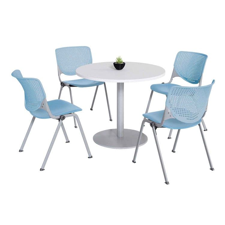 KFI STUDIOS Pedestal Table with Four Sky Blue Kool Series Chairs, Round, 36" Dia x 29h, Designer White (KFI811774036757)