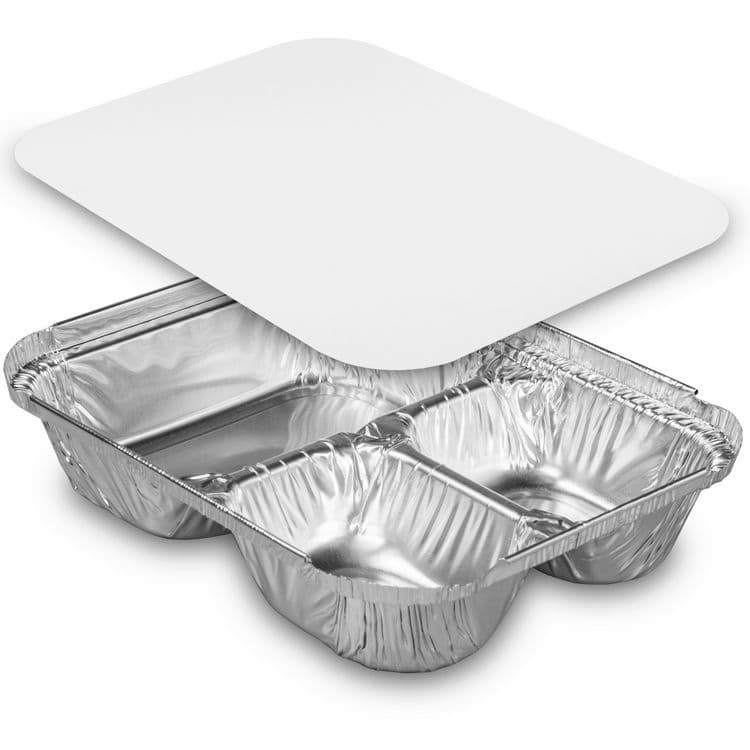 HFA Three-Compartment Oblong Food Container, 24 oz, 6.38 x 1.47 x 8, Silver, Aluminum, 500/Carton (HFA204500) thumbnail 2