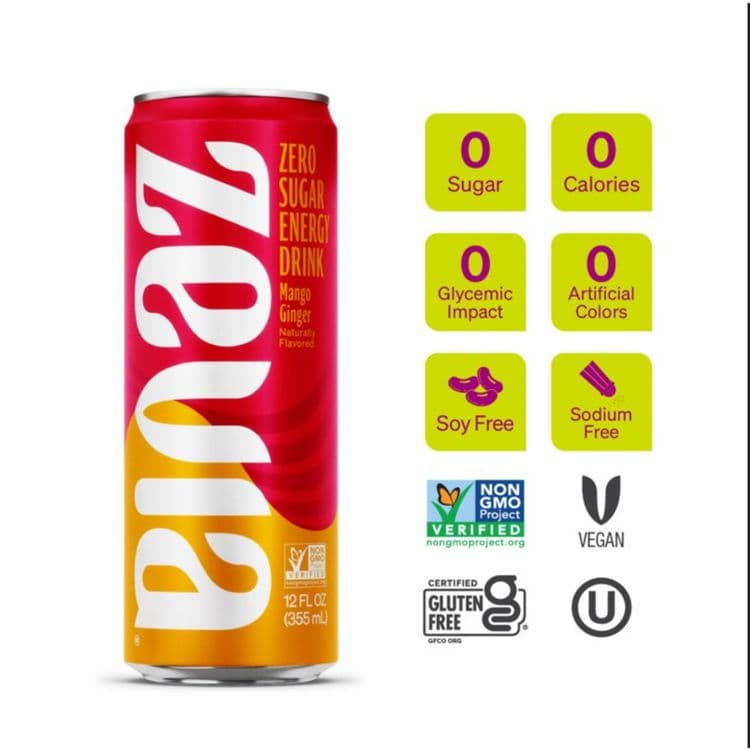 ZEVIA PBC Zero Sugar Naturally Sweetened Energy Drink, Mango Ginger, 12 oz Can, 12/Carton (ZEV0195112) thumbnail 4