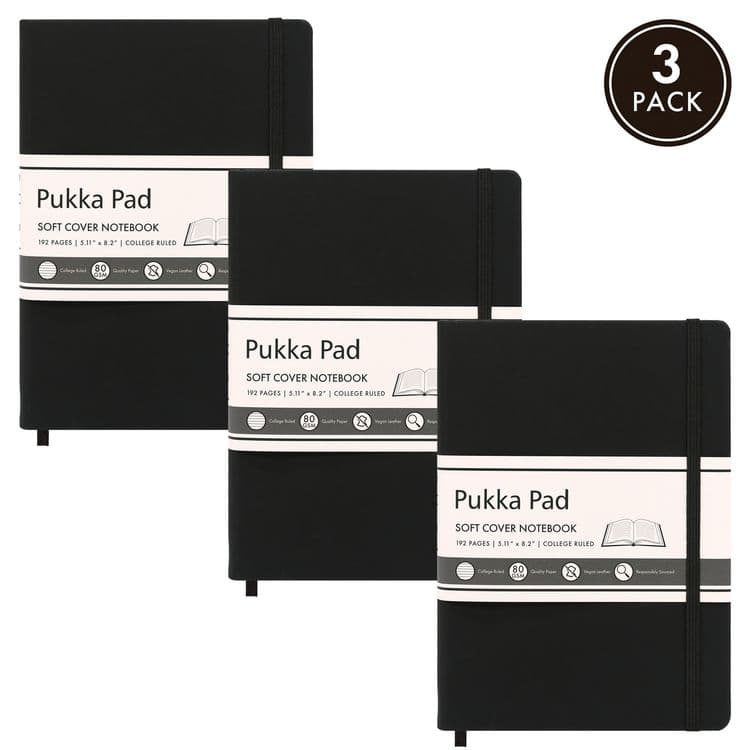 PUKKA PAD Soft Cover Notebook, College Rule, Black Cover, (96) 8.2 x 5.11 Sheets, 3/Pack (PUK9940SIG3)