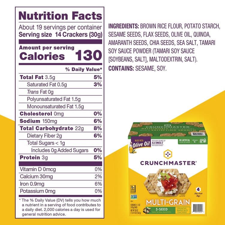 TH FOODS, . 5-Seed Multi-Grain Crunchy Oven Baked Crackers, Original, 5 oz Bags, 4/Box, 2 Boxes/Carton (GRR60004077) thumbnail 4