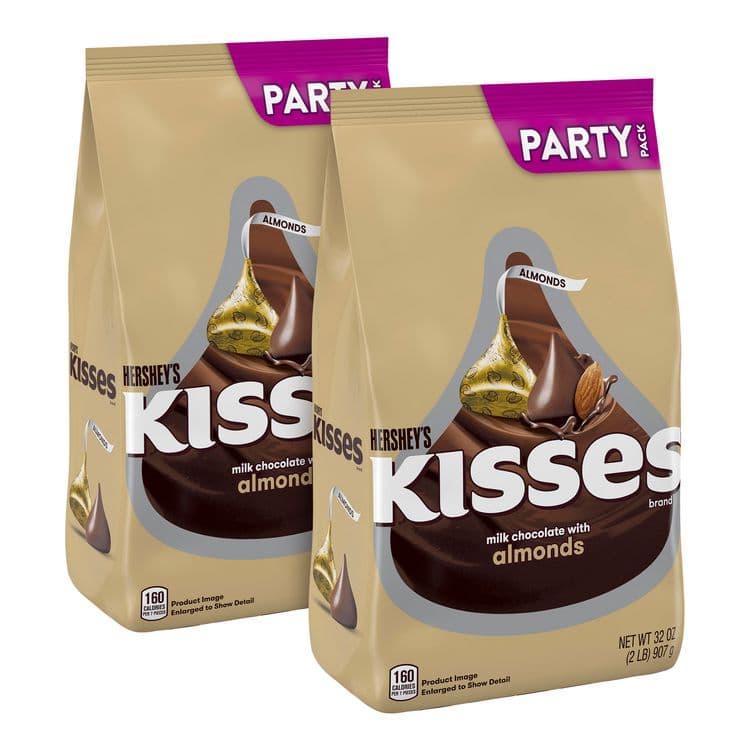 THE HERSHEY COMPANY KISSES with Almonds, Milk Chocolate, 32 oz Pack, 2 Packs/Carton (GRR60004091)