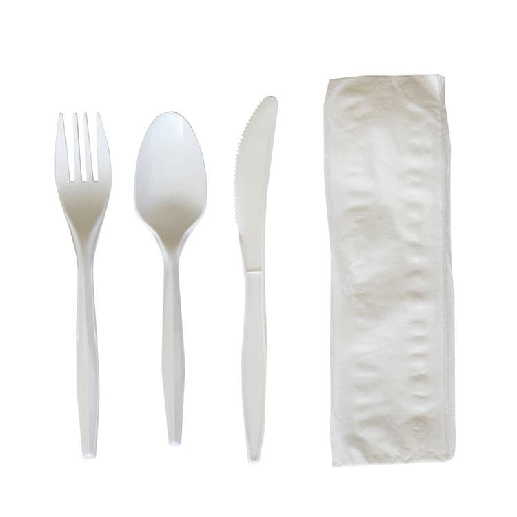 BOARDWALK Four-Piece Polypropylene Cutlery Kit, Mediumweight, Fork/Knife/Napkin/Spoon, Plastic, White, 250/Carton (BWK4COMBOKITPP) thumbnail 2