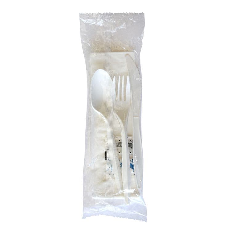 BOARDWALK Six-Piece Cutlery Kit, Mediumweight, Fork/Knife/Napkin/Pepper/Salt/Spoon, 5.86", Plastic, White, 250/Carton (BWK6COMBOKITPP)