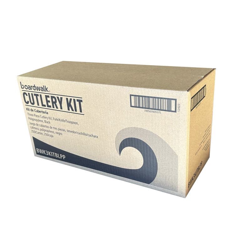 BOARDWALK Three-Piece Polypropylene Cutlery Kit, Mediumweight, Fork/Knife/Spoon, Plastic, Black, 250/Carton (BWK3KITBLPP) thumbnail 4