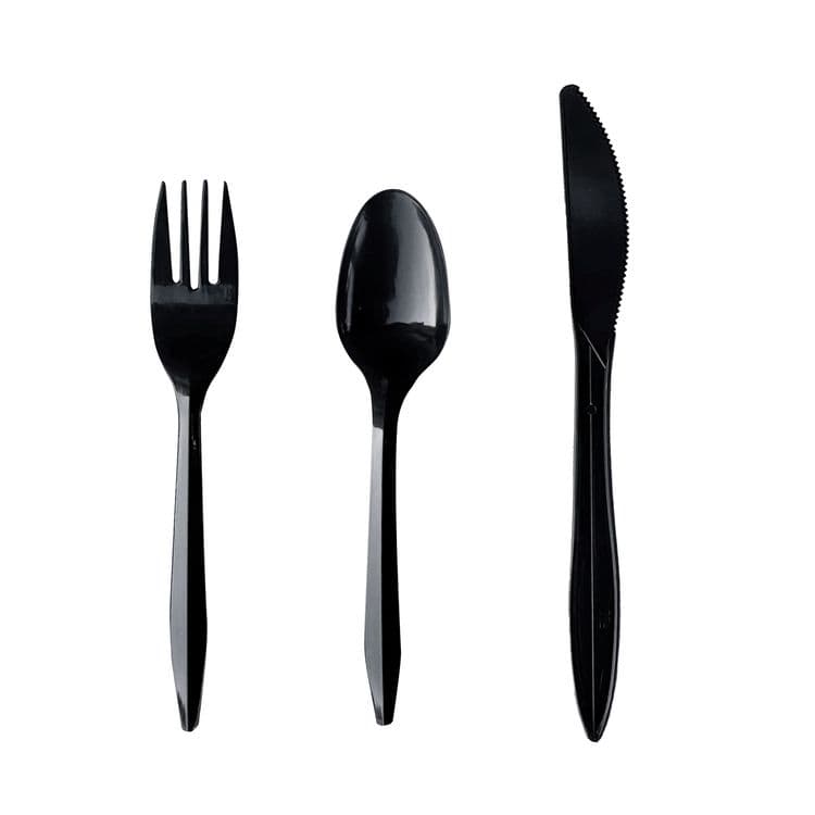 BOARDWALK Three-Piece Polypropylene Cutlery Kit, Mediumweight, Fork/Knife/Spoon, Plastic, Black, 250/Carton (BWK3KITBLPP)