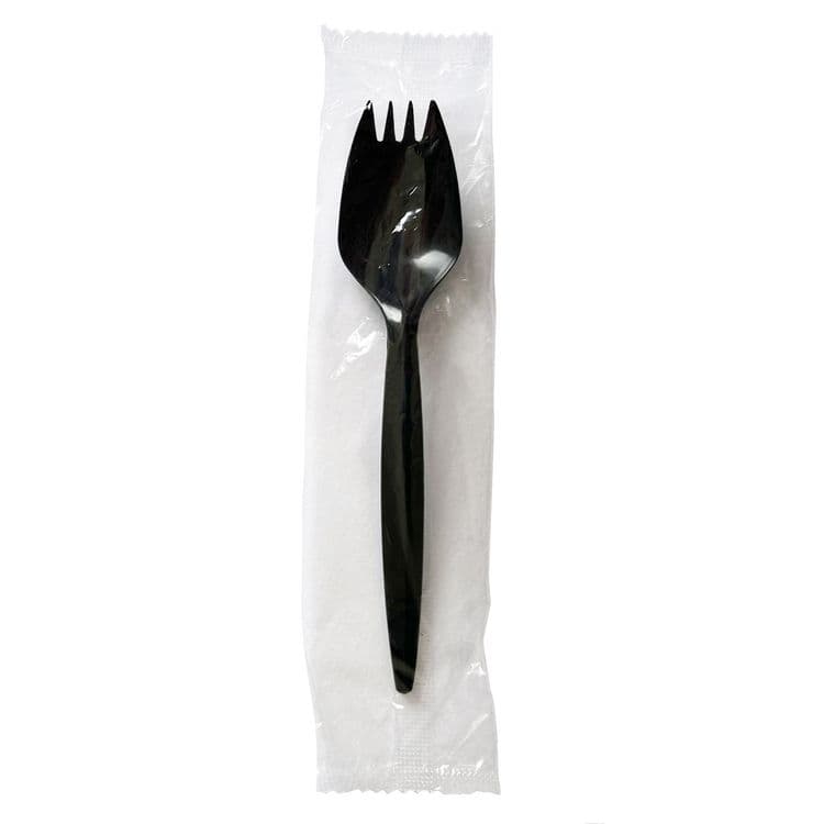 BOARDWALK Mediumweight Wrapped Polypropylene Cutlery, Spork, Plastic, Black, 1,000/Carton (BWKSPORKBLPPIW)