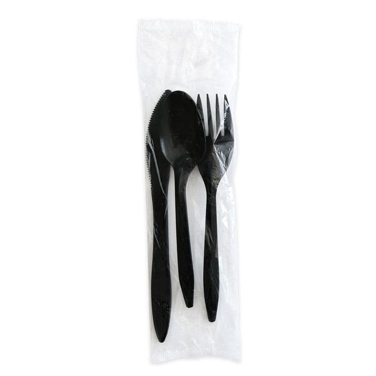 BOARDWALK Three-Piece Polystyrene Cutlery Kit, Mediumweight, Fork/Knife/Spoon, Plastic, Black, 250/Carton (BWK3KITBLPS)