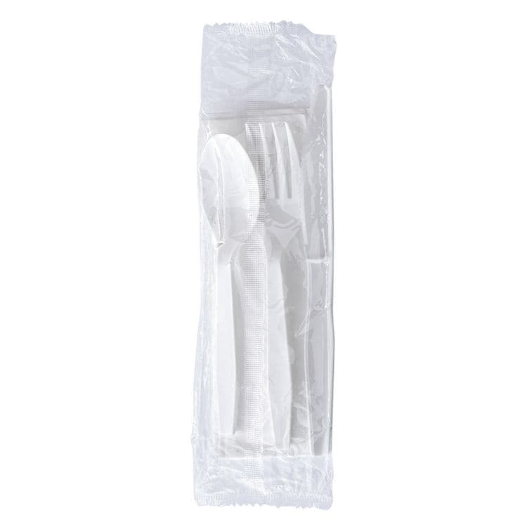 BOARDWALK Four-Piece Polystyrene Cutlery Kit, Mediumweight, Fork/Knife/Napkin/Spoon, Plastic, White, 250/Carton (BWK4KITWHPS) thumbnail 2