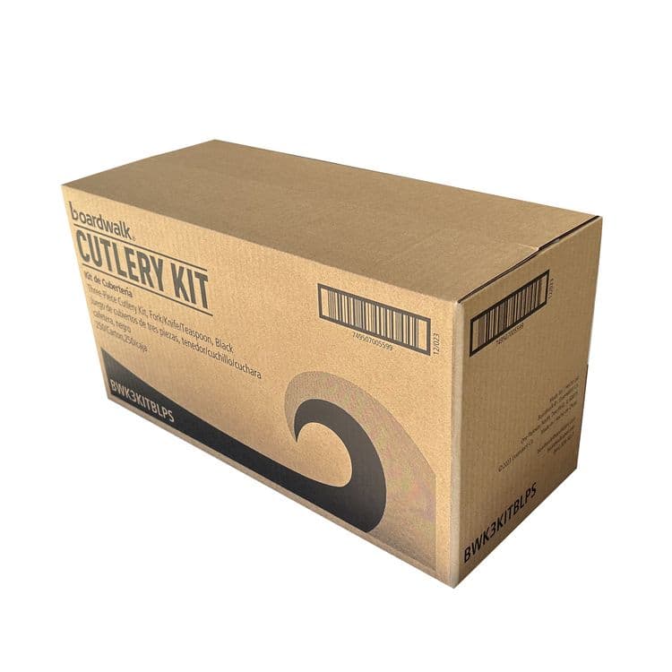 BOARDWALK Three-Piece Polystyrene Cutlery Kit, Mediumweight, Fork/Knife/Spoon, Plastic, Black, 250/Carton (BWK3KITBLPS) thumbnail 4