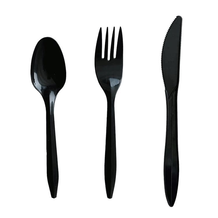 BOARDWALK Three-Piece Polystyrene Cutlery Kit, Mediumweight, Fork/Knife/Spoon, Plastic, Black, 250/Carton (BWK3KITBLPS) thumbnail 2