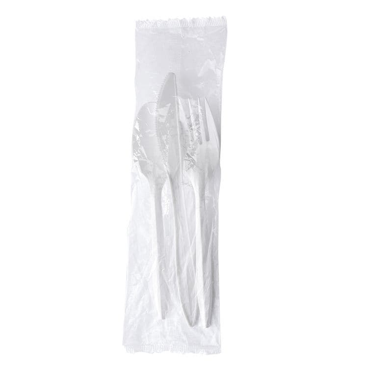 BOARDWALK Three-Piece Polystyrene Cutlery Kit, Mediumweight, Fork/Knife/Spoon, Plastic, White, 250/Carton (BWK3KITWHPS)