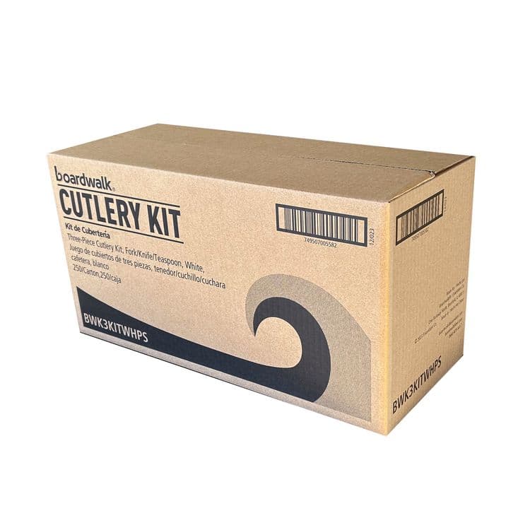 BOARDWALK Three-Piece Polystyrene Cutlery Kit, Mediumweight, Fork/Knife/Spoon, Plastic, White, 250/Carton (BWK3KITWHPS) thumbnail 4