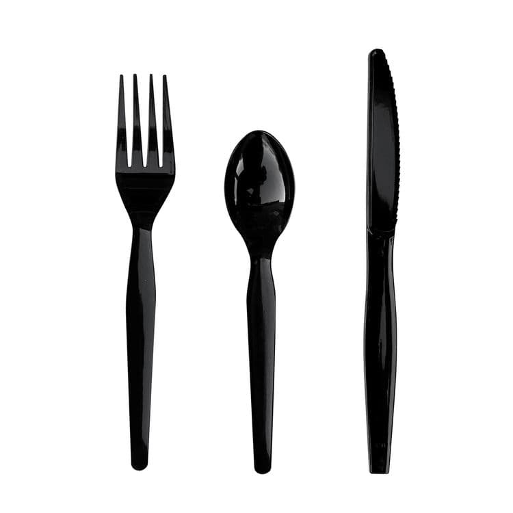 BOARDWALK Three-Piece Polystyrene Cutlery Kit, Heavyweight, Fork/Knife/Spoon, Plastic, Black, 250/Carton (BWK3KITHVYBL) thumbnail 2