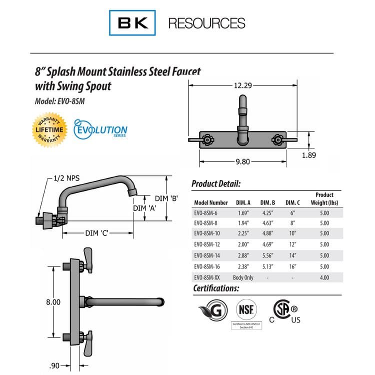 BK RESOURCES Evolution Splash Mount Stainless Steel Faucet, 4.63" Height, 8" Reach, Stainless Steel (BKEEVO8SM8) thumbnail 2