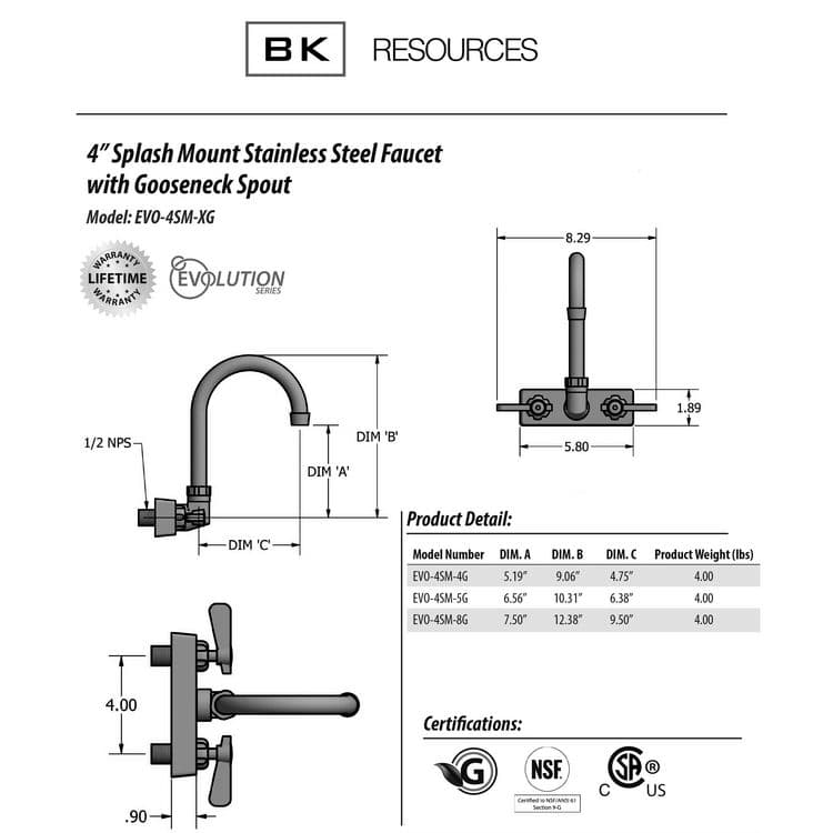 BK RESOURCES Evolution Splash Mount Stainless Steel Faucet, 9.06" Height/4.5" Reach, Stainless Steel (BKEEVO4SM4G) thumbnail 2