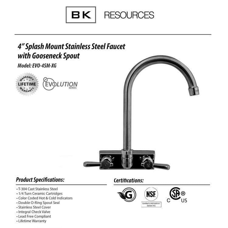 BK RESOURCES Evolution Splash Mount Stainless Steel Faucet, 12.38" Height/8" Reach, Stainless Steel (BKEEVO4SM8G) thumbnail 3