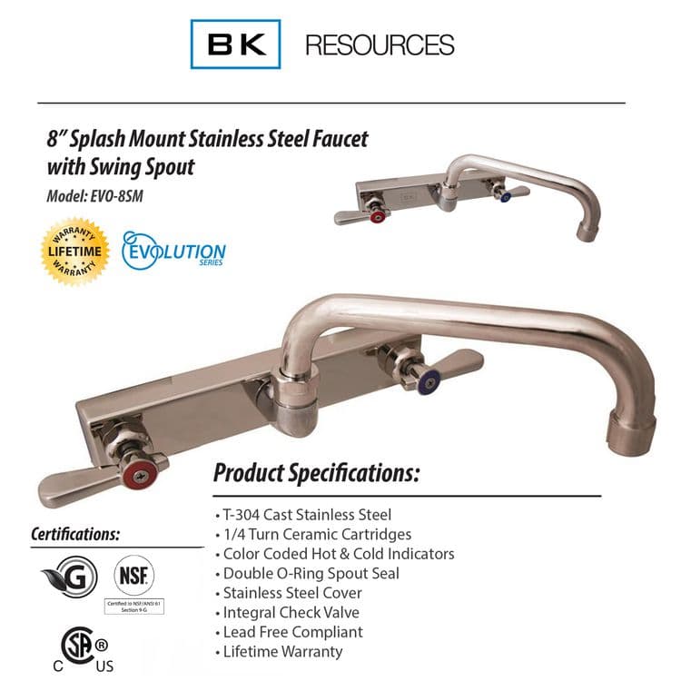 BK RESOURCES Evolution Splash Mount Stainless Steel Faucet, 4.88" Height/10" Reach, Stainless Steel (BKEEVO8SM10) thumbnail 3