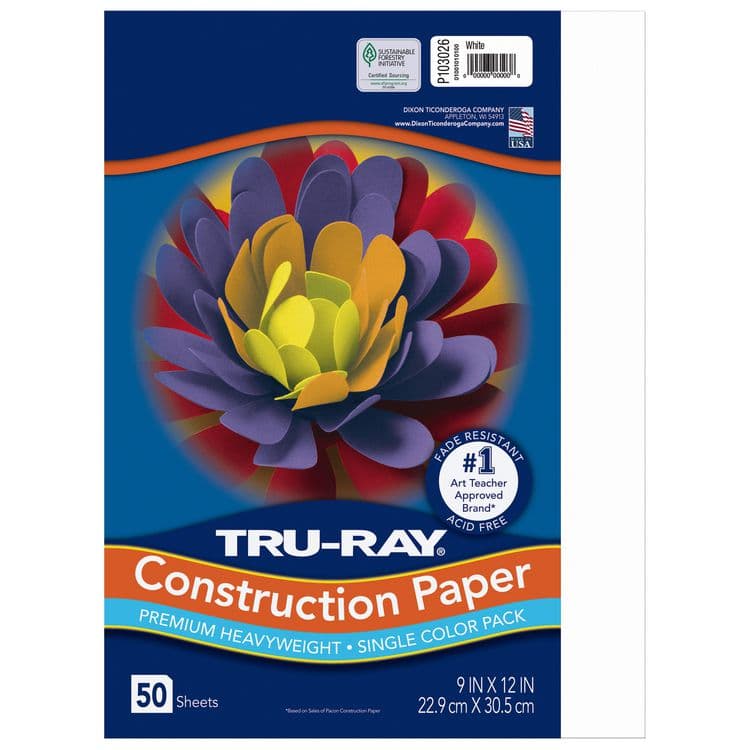 PACON CORPORATION Tru-Ray Construction Paper, 76 lb Text Weight, 9 x 12, White, 50 Sheets/Pack, 50 Packs/Carton (PAC103026CT)