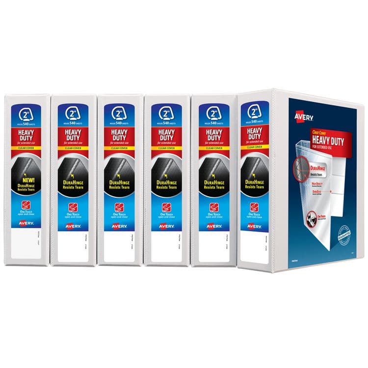 AVERY PRODUCTS CORPORATION Heavy-Duty View Binder with DuraHinge and One Touch EZD Rings, 3 Rings, 2" Capacity, 11 x 8.5, White, 6/Carton (AVE79192CT)