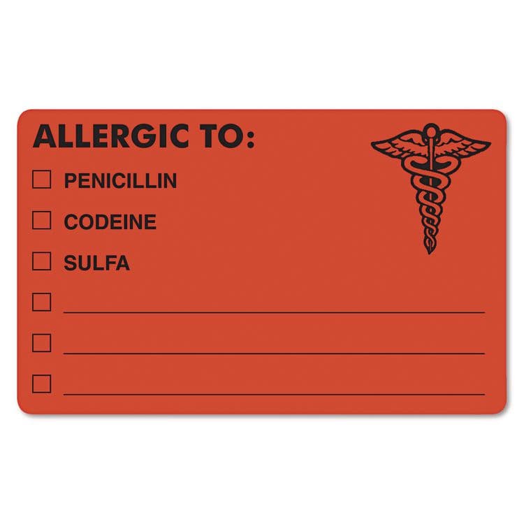 TABBIES Allergy Warning Labels, ALLERGIC TO: PENICILLN, CODEINE, SULFA, 2.5 x 4, Fluorescent Red, 100/Roll (TAB00488)