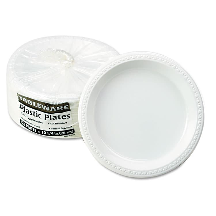 TABLEMATE PRODUCTS, CO. Plastic Dinnerware, Plates, 10.25" dia, White, 125/Pack (TBLTM10644WH)